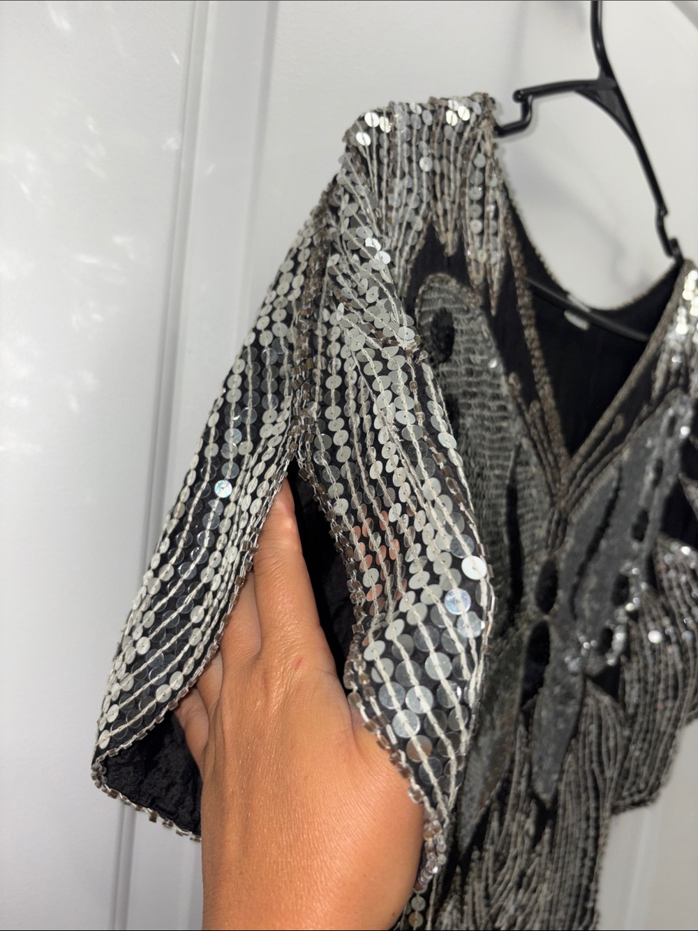 Vintage Silk Black Sheer Sequin Butterfly Poncho Top Beaded Batwing Festival - Picture 7 of 8